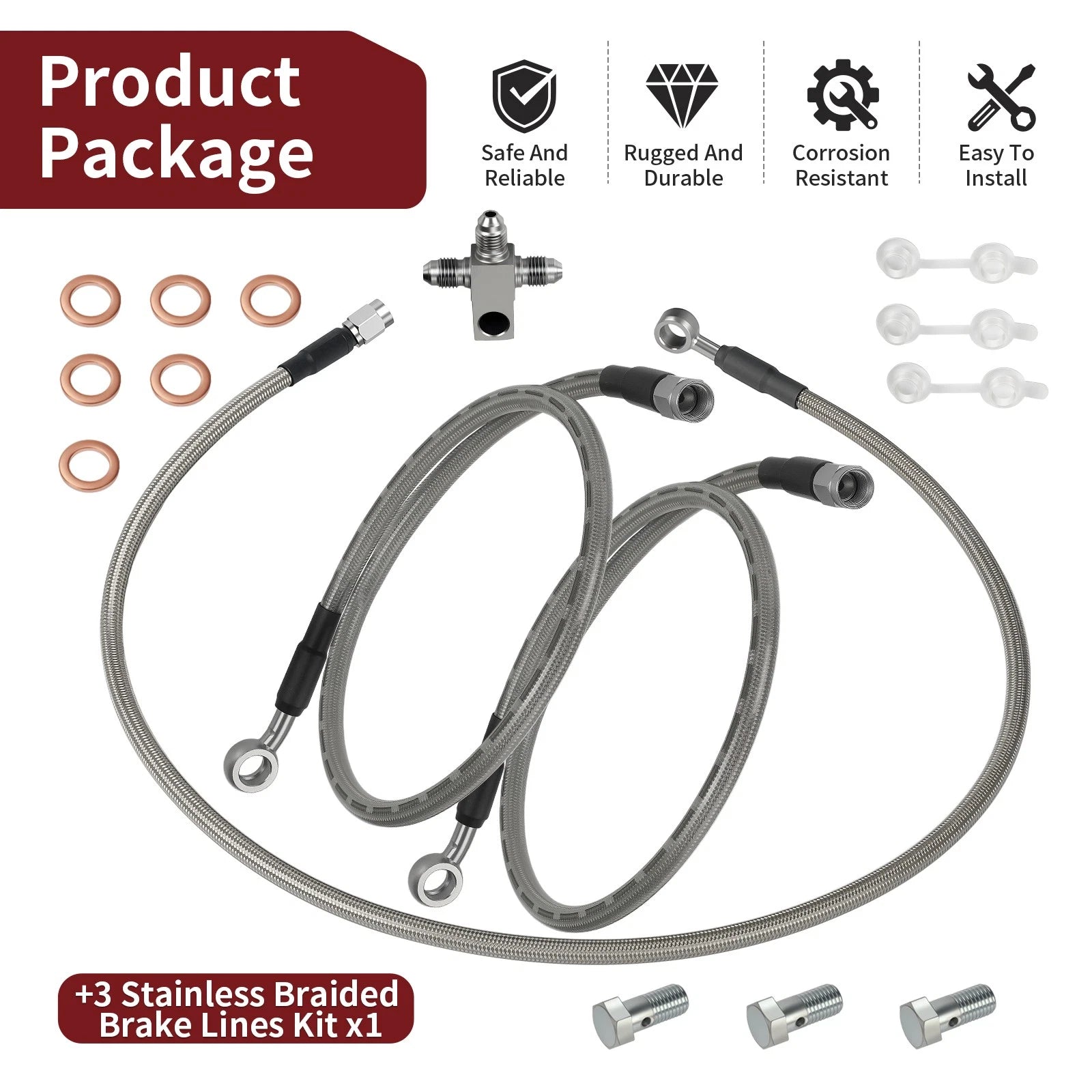 3 Stainless Braided Brake Lines for Arctic Cat DVX 400 (2004) 3406-044 3406-117