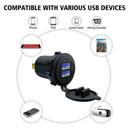 1 x Car Cigarette Lighter Socket Dual QC 3.0 Fast Charge USB With Blue Light