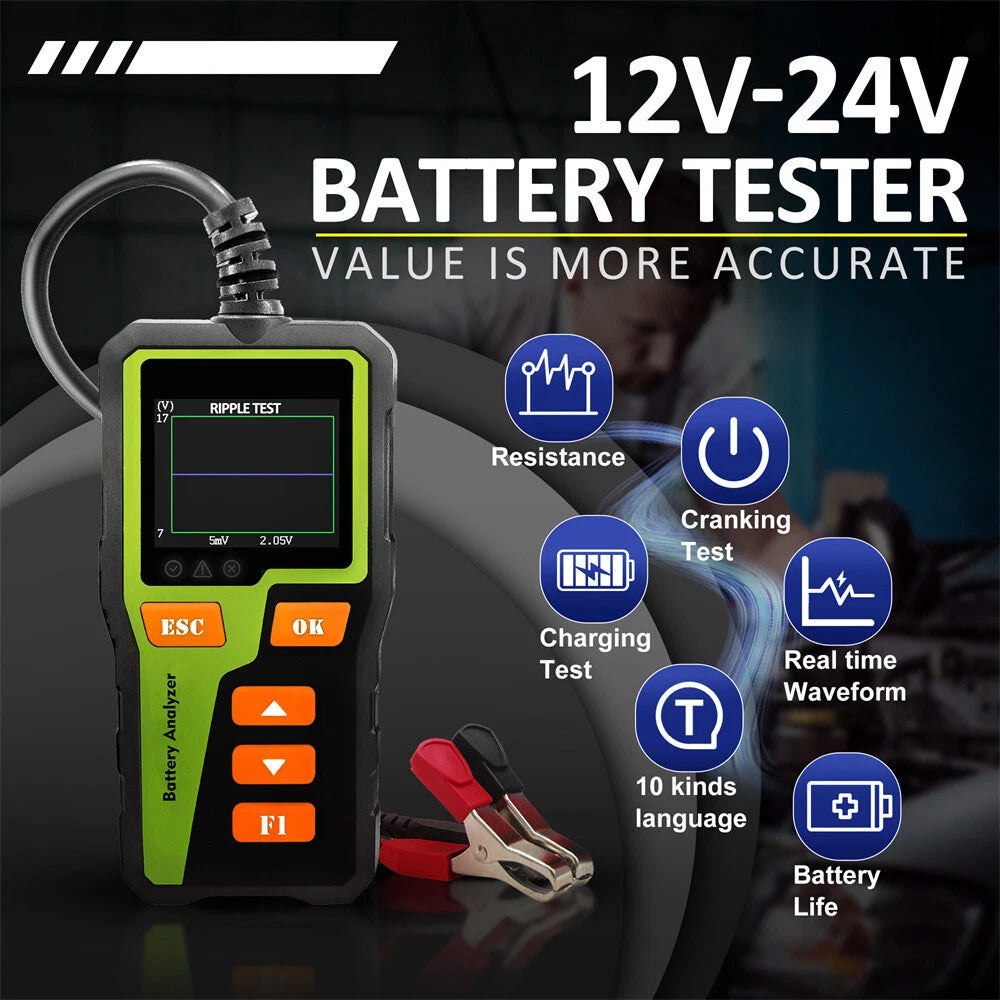 BT30 Battery Tester Analyser Diagnostic Tool For Car Motorcycle Truck 6V 12V 24V