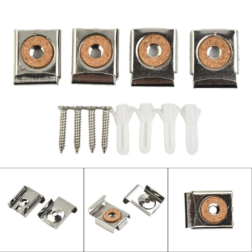 Set of 4 Frameless Mirror Mounting Clips Hanger Fixing Kit