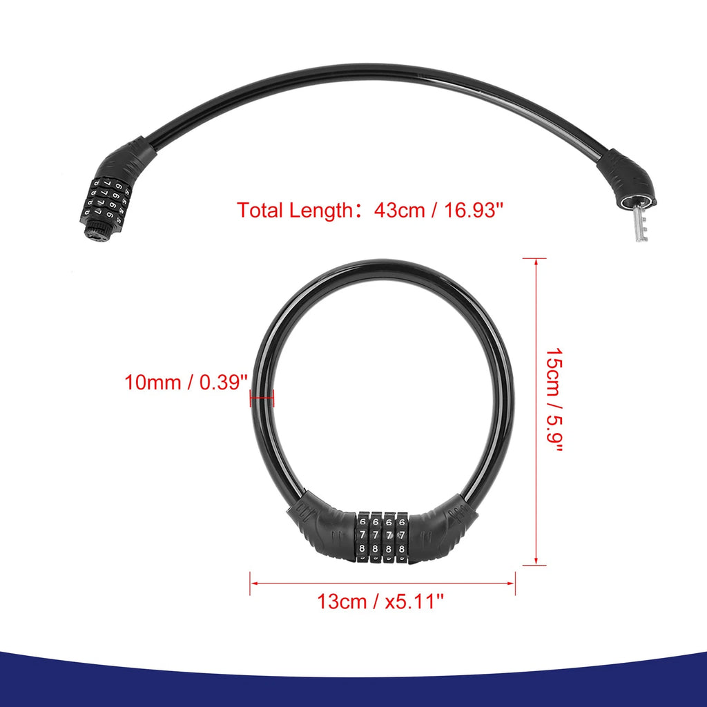 4 Digit Resettable Cable Lock for Bike Bicycle Security Portable (Black)