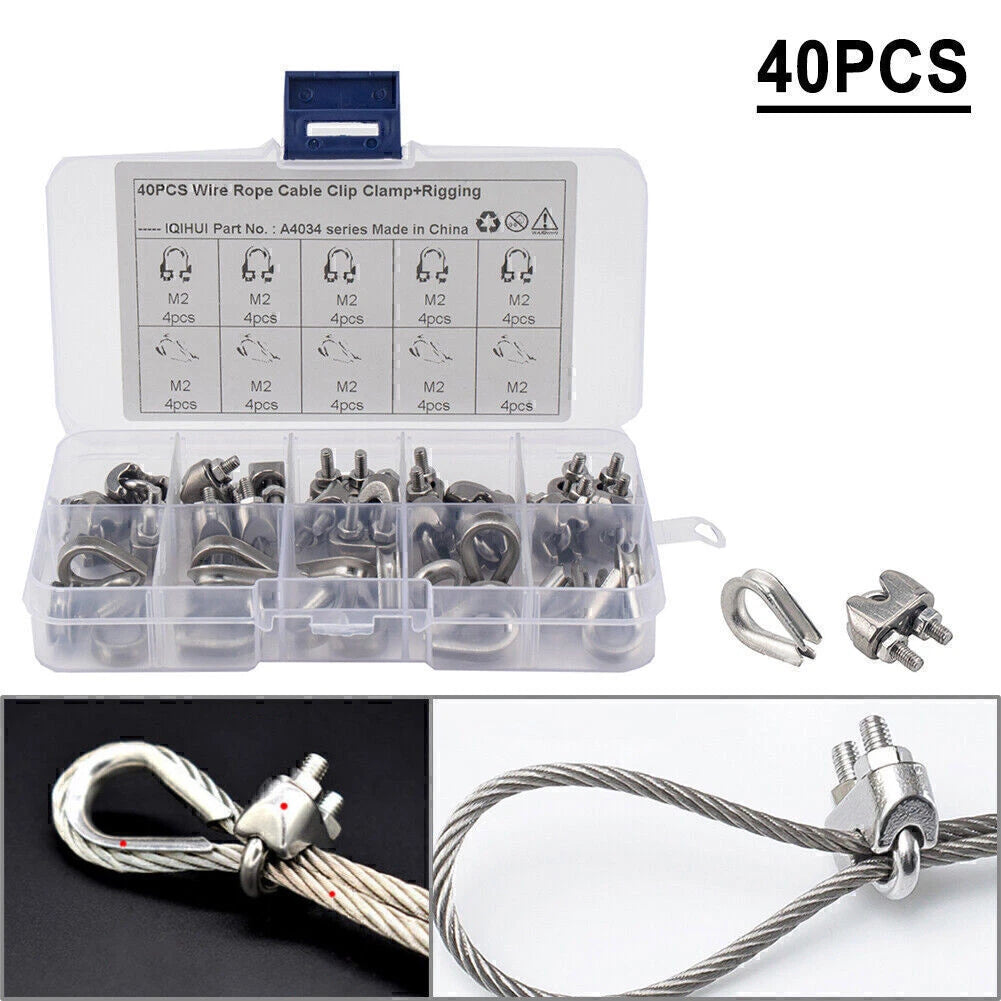 40 PCS M2 Wire Rope Fixed Clamps with Triangular Ring for