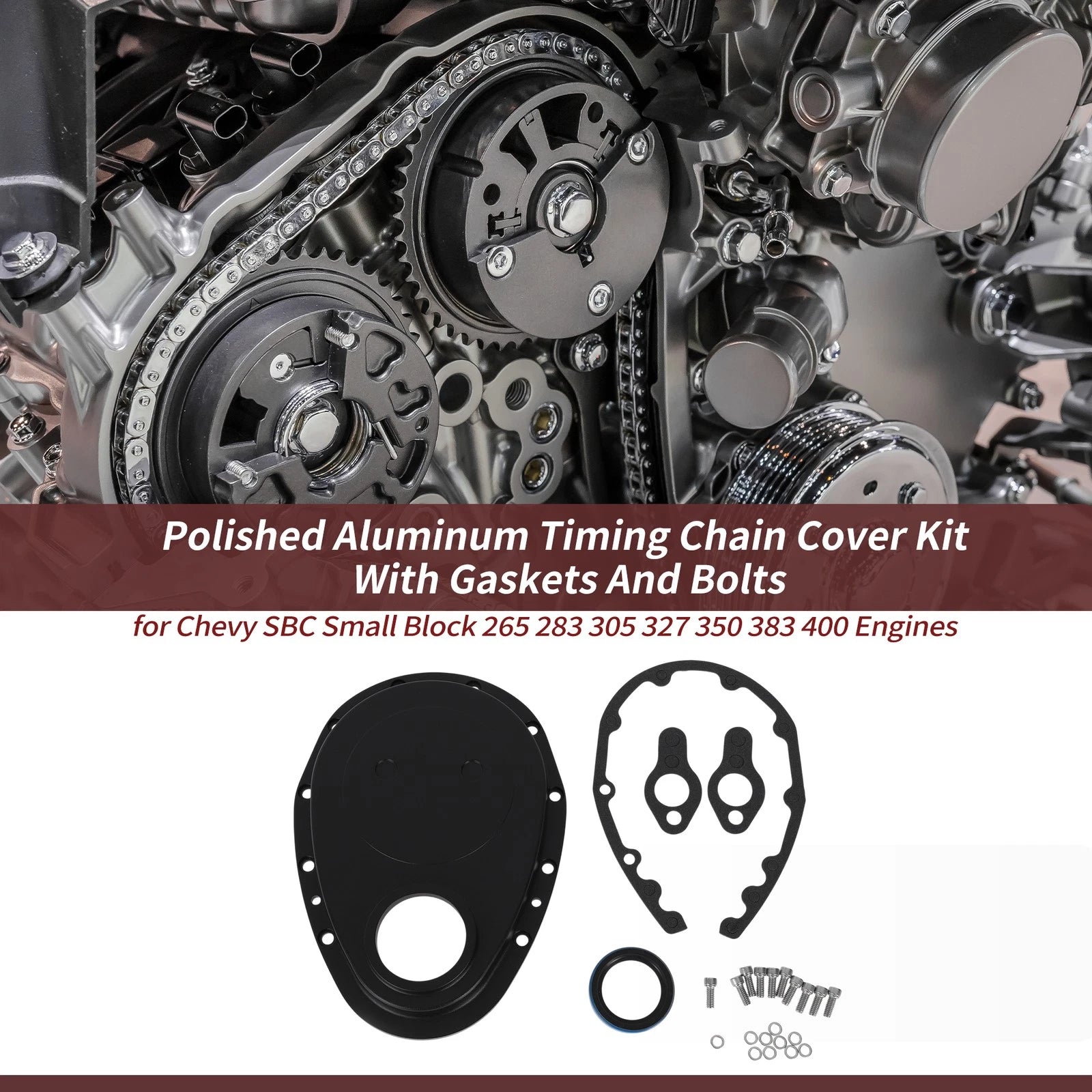 Timing Chain Cover Kit Polished Aluminum With Gaskets for Chevy SBC (1955–2004)
