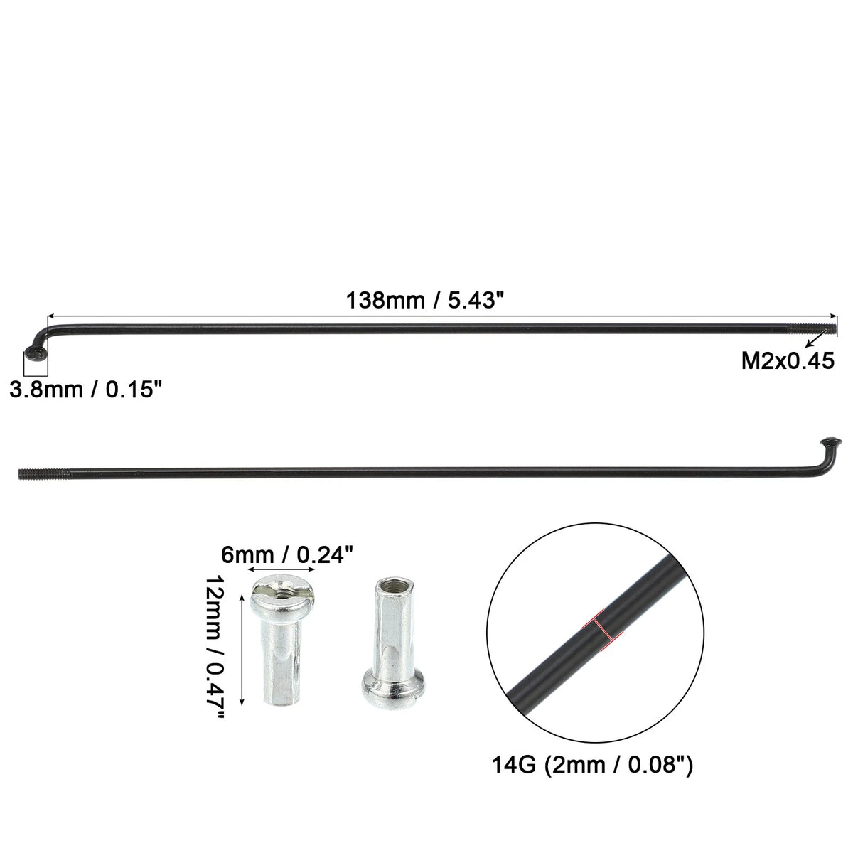 Bike Spoke Kit 40 Pcs 14G J Bend 138mm for Universal Bicycle (All Years)
