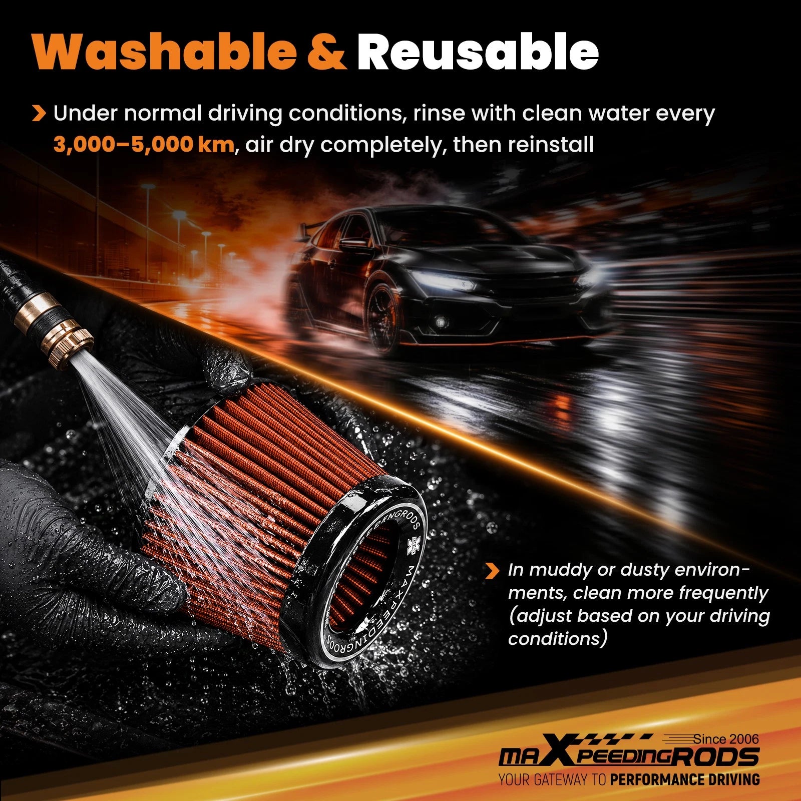 Air Filter Cone for Universal Intake (3/3.5/4 Inch) - High Flow Reusable