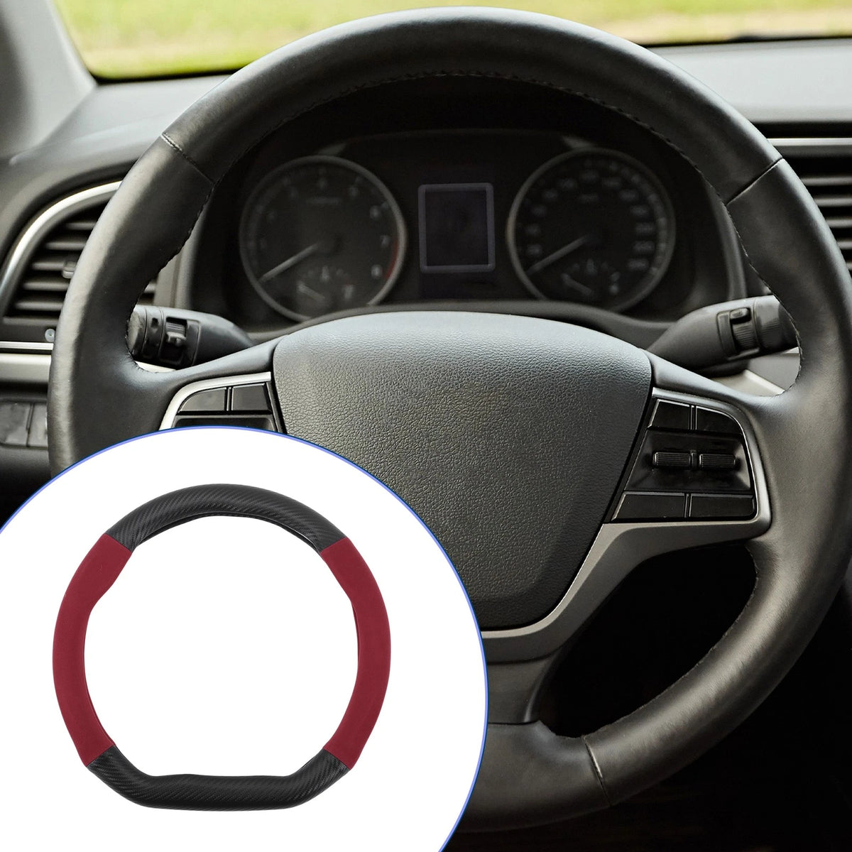 Steering Wheel Cover for Universal Fit (14.96", Black Red Carbon Fiber)