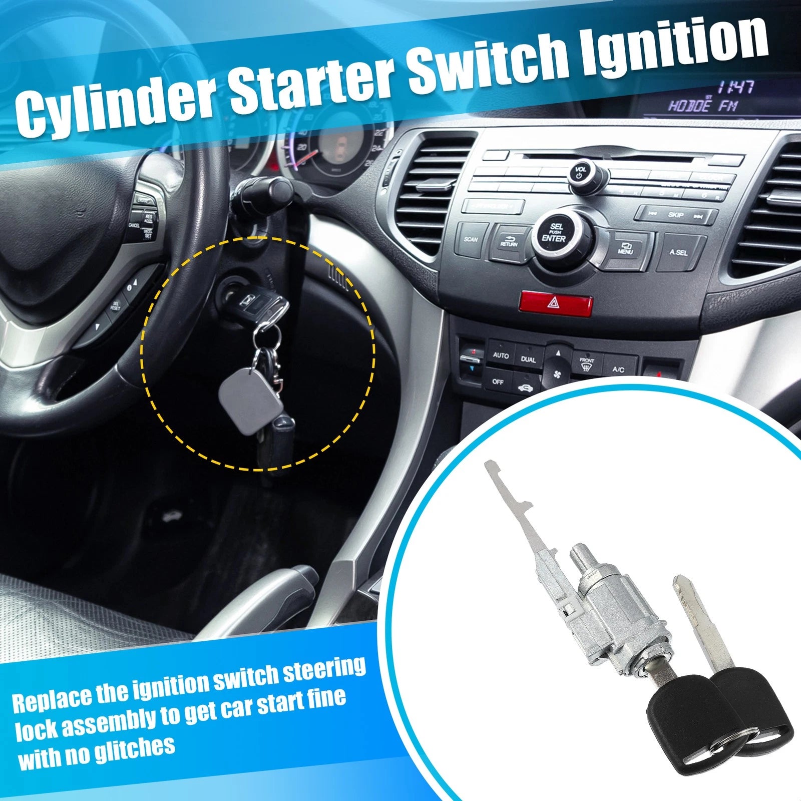 Ignition Switch Cylinder Lock w Key Replacement for Honda Acura (2014–2022)