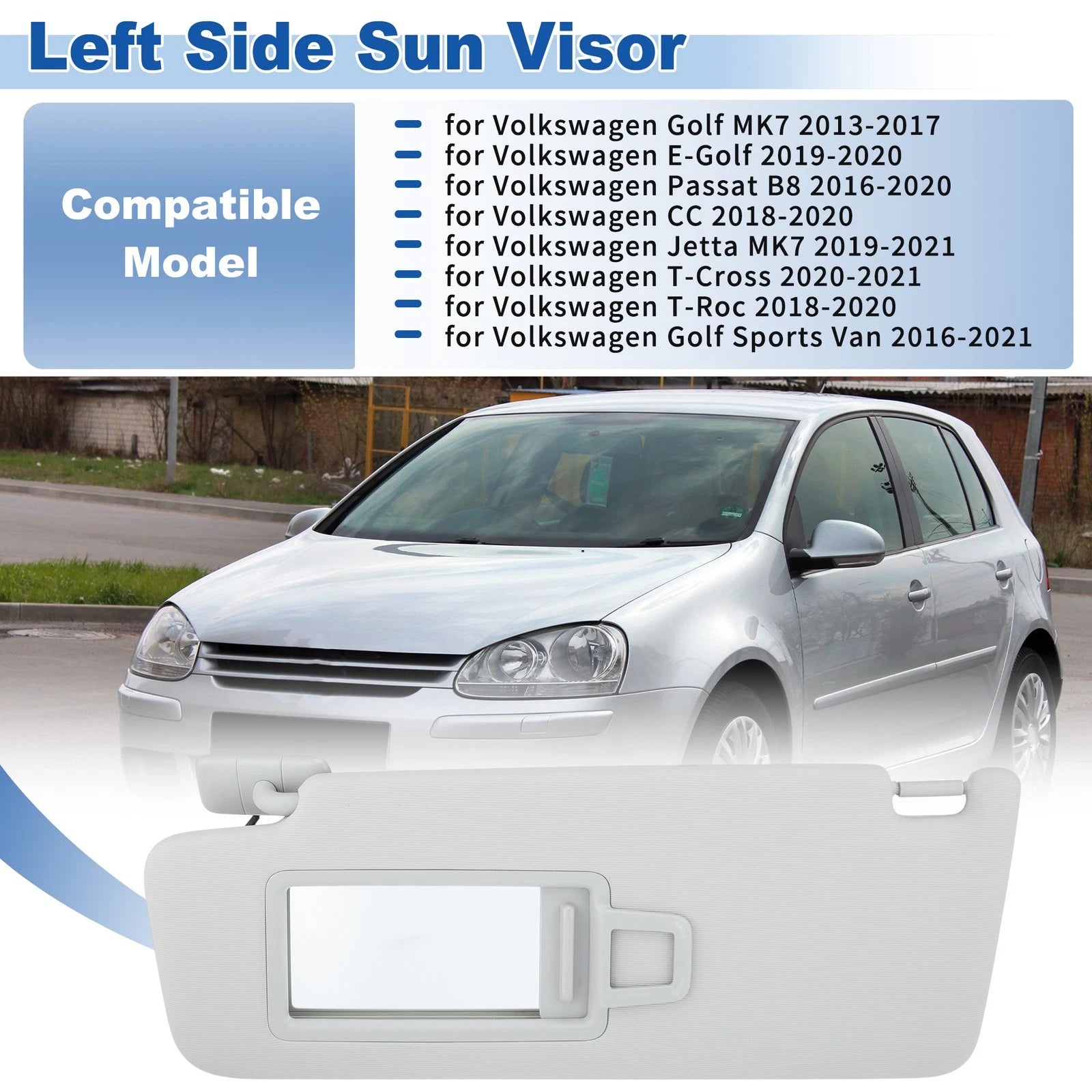 Left Side Sun Visor for Volkswagen Golf MK7 2013-2017 Replacement Gray