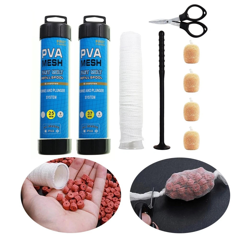 Fishing Kit 5M PVA Mesh 25mm 37mm with Funnel Plunger and Scissors