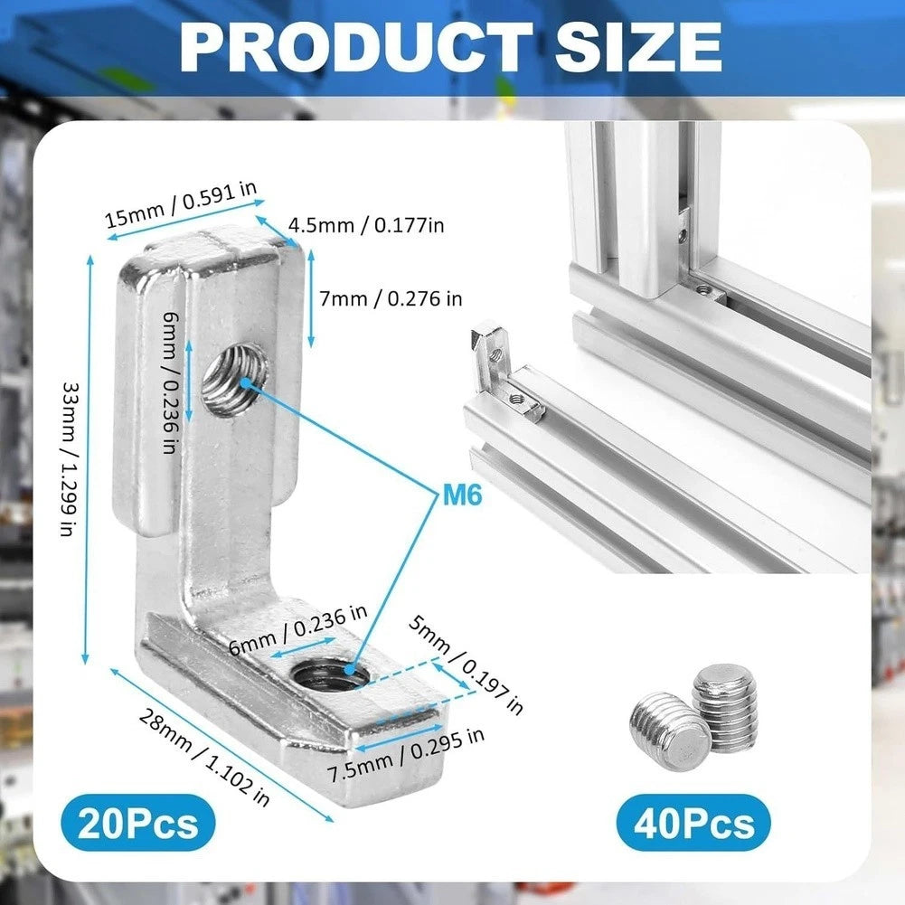 20Pcs Internal Corner Brackets for 3030 Aluminum Profile T Slot M6 Thread