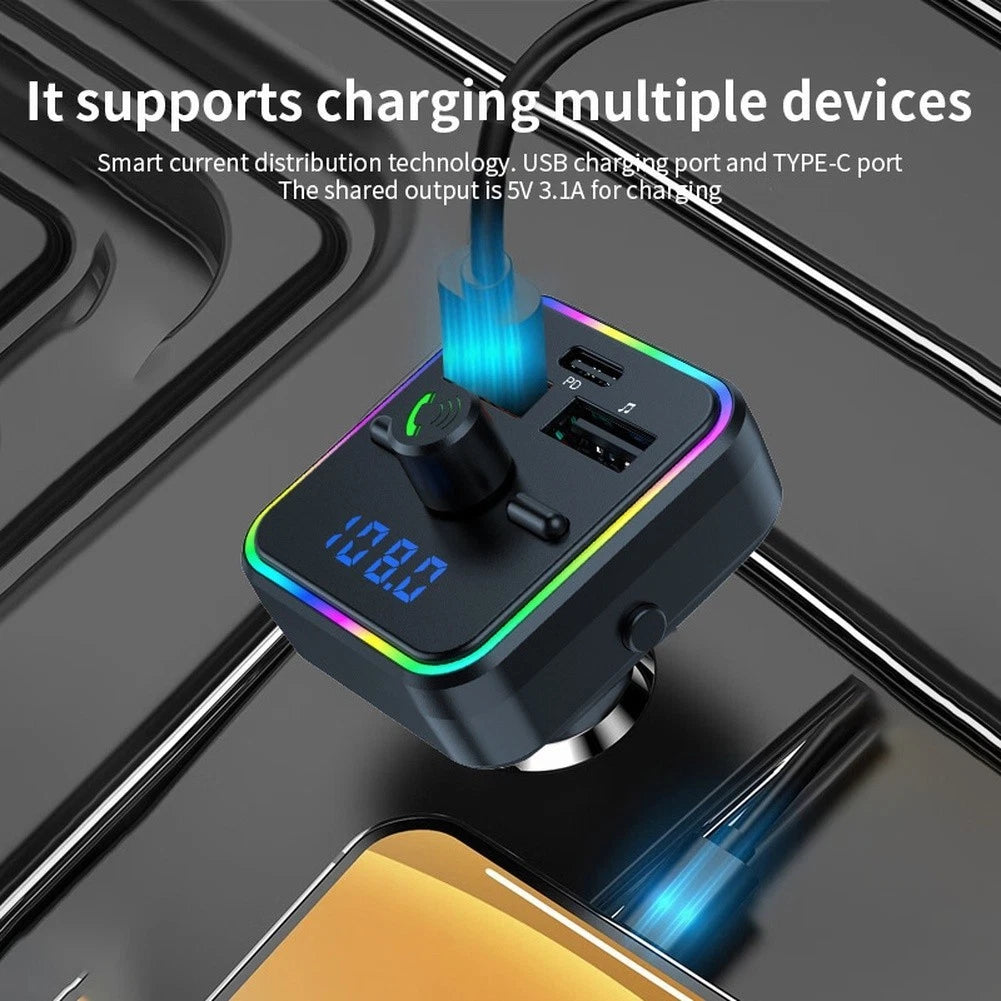 Wireless FM Transmitter MP3 Player with USB A & C Charger for Universal Use