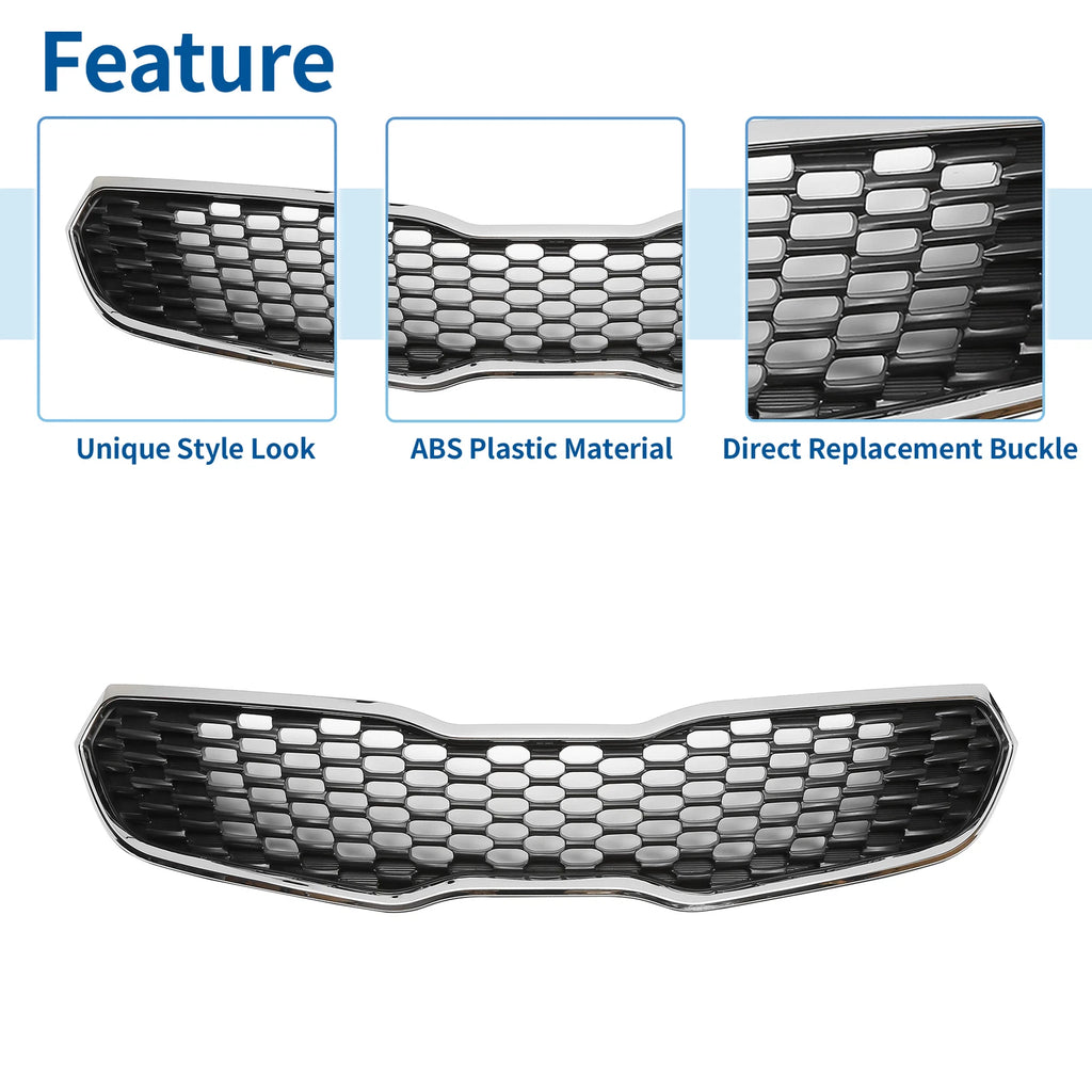 Front Upper Bumper Grille for Kia Forte (2014–2016) Black Chrome