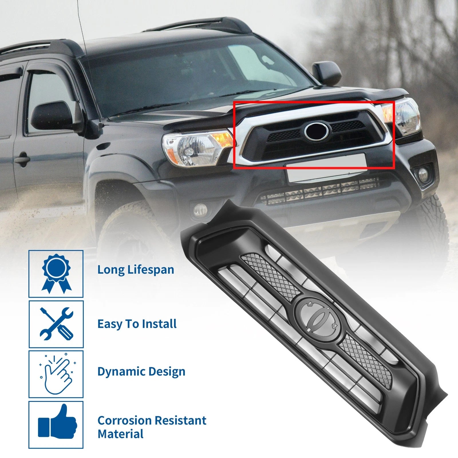 Front Hood Bumper Grille Grill Replacement for Toyota Tacoma (2012–2015)