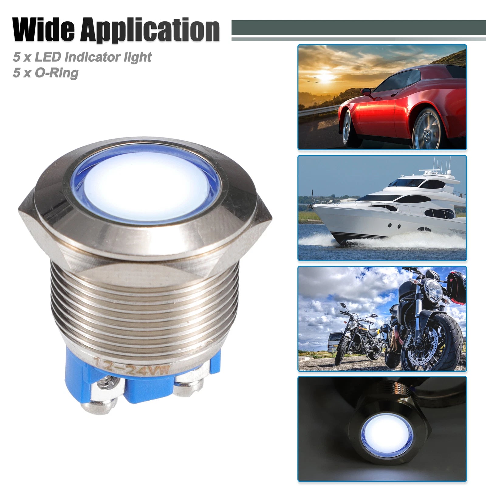 5Pcs 19mm LED Waterproof Pilot Indicator Signal Light for Universal