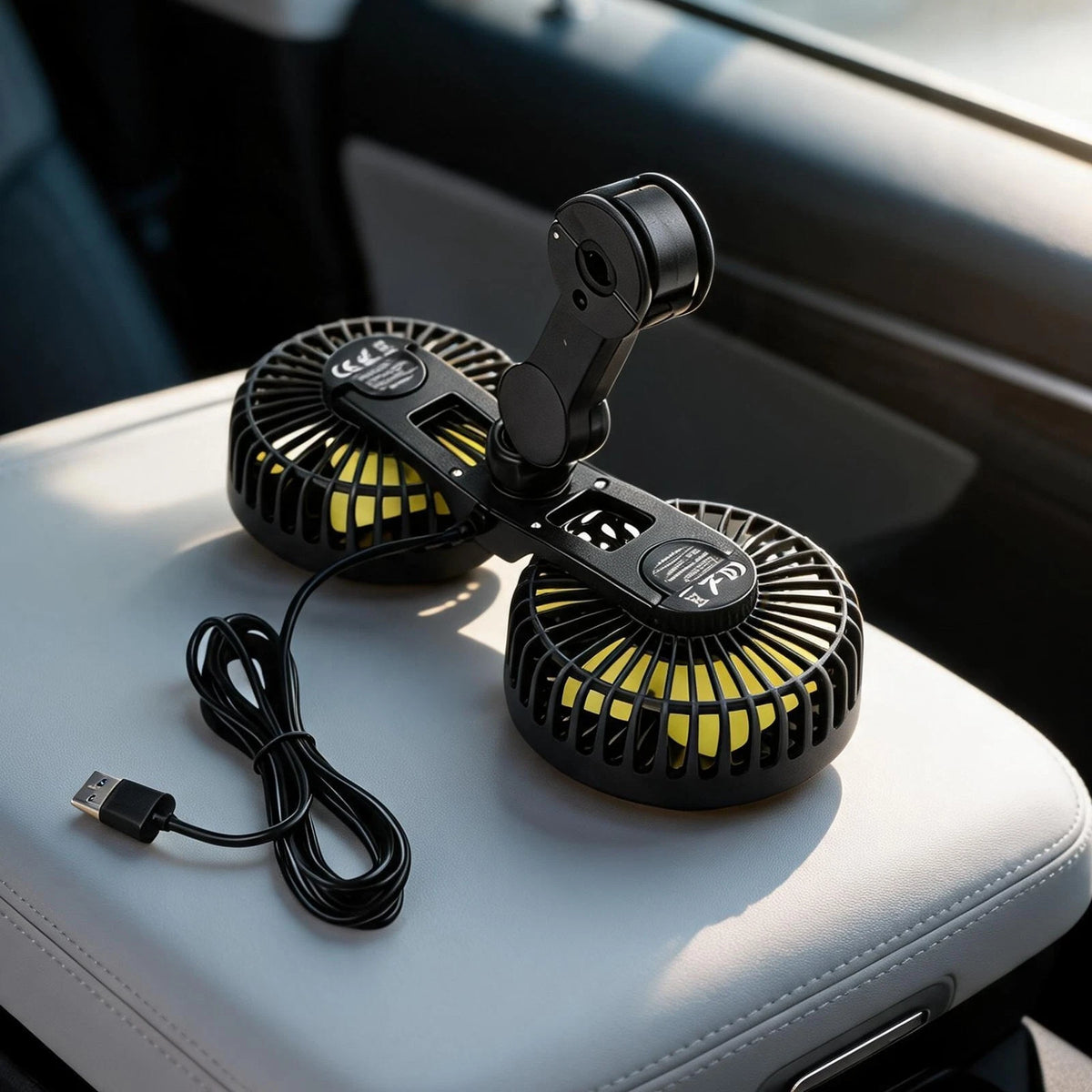 Dualhead USB Car Fan for Rear Seat Airflow Control (360 Degree Rotation)
