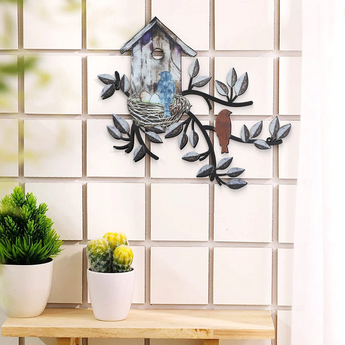 Wall Art Metal Decor with Birdhouse and Birds - Brown Hanging Design