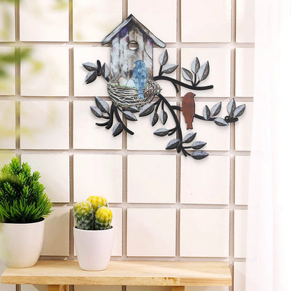 Wall Art Metal Decor with Birdhouse and Birds - Brown Hanging Design
