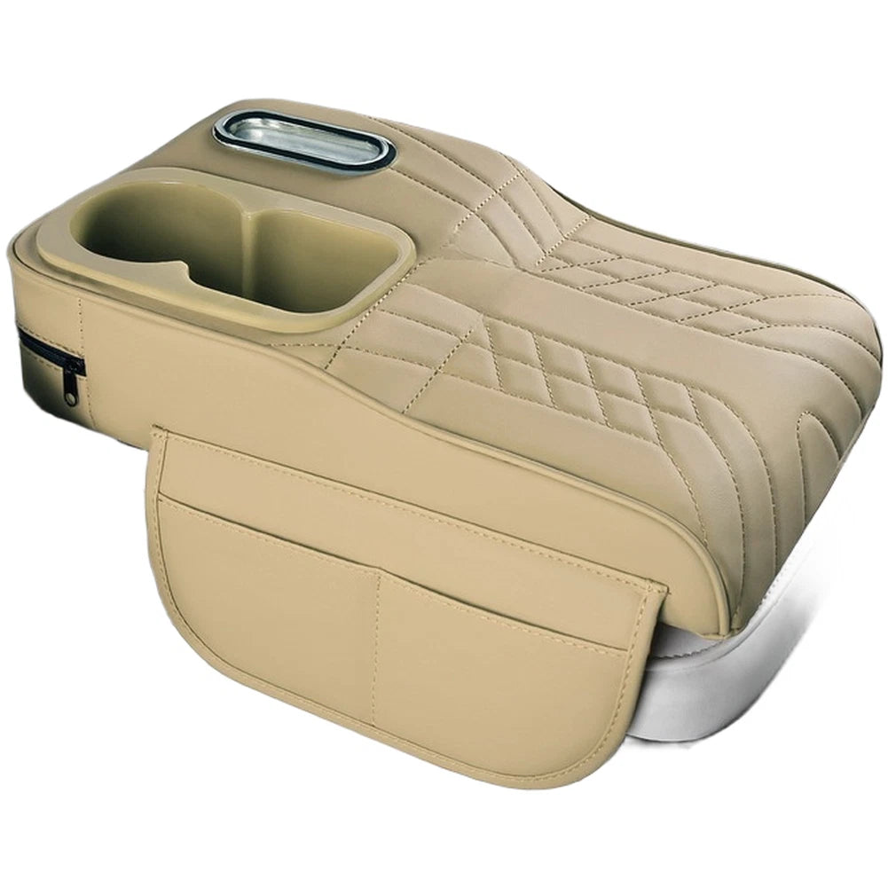 Leather Armrest Cushion with Storage & Cup Holder for Car
