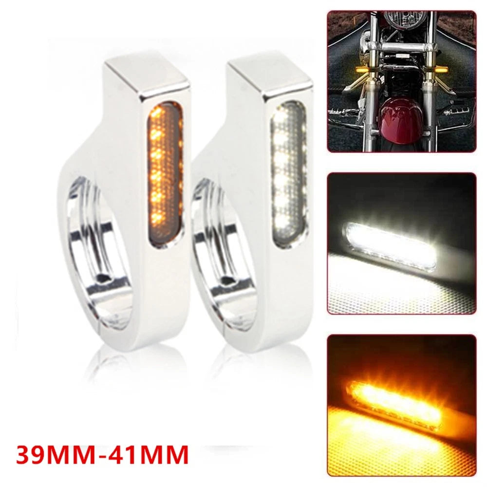 2x LED Motorcycle Turn Signal Blinkers Light For 39-41mm Fork Mount Clamp Chrome