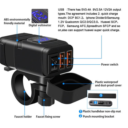 Dual USB Motorcycle Handlebar Charger QC3.0 Fast Charging DC 12V With Voltmeter