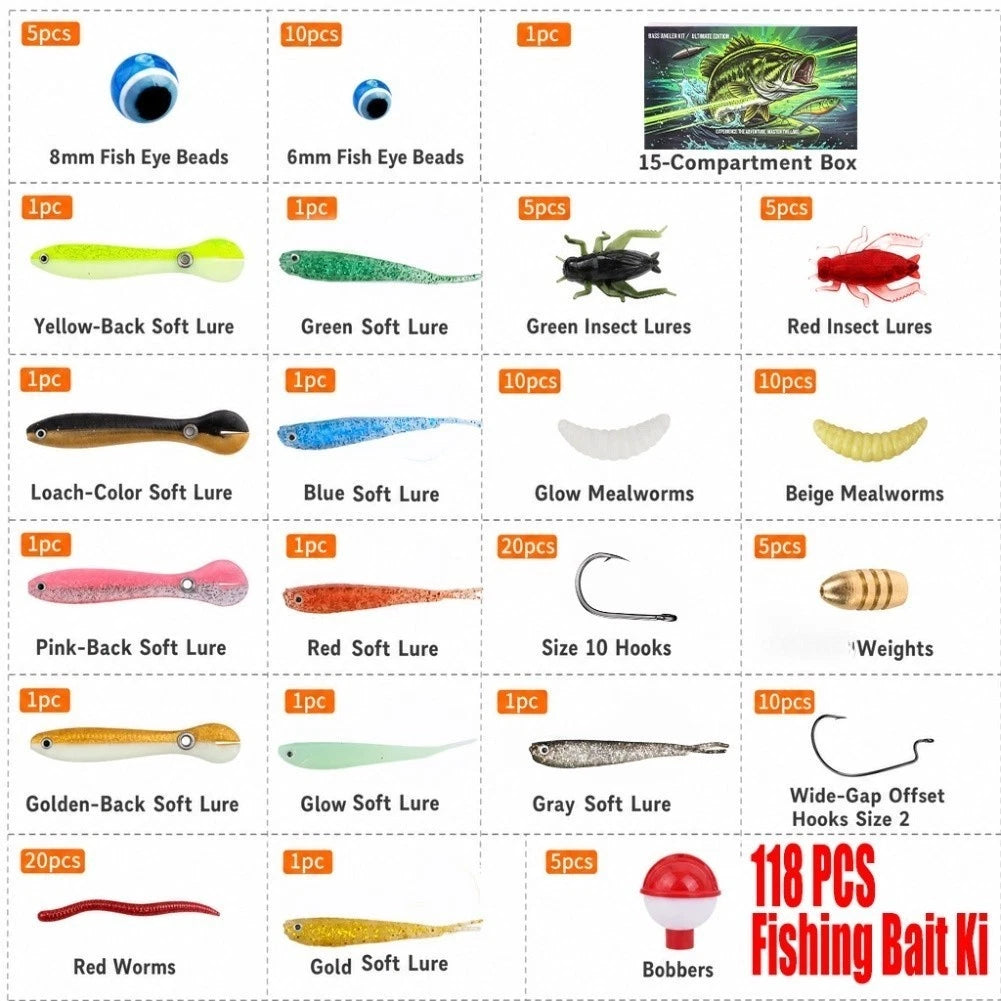 Set of 4 Freshwater Bass Lures with Soft Plastic Baits and Tackle Accessories