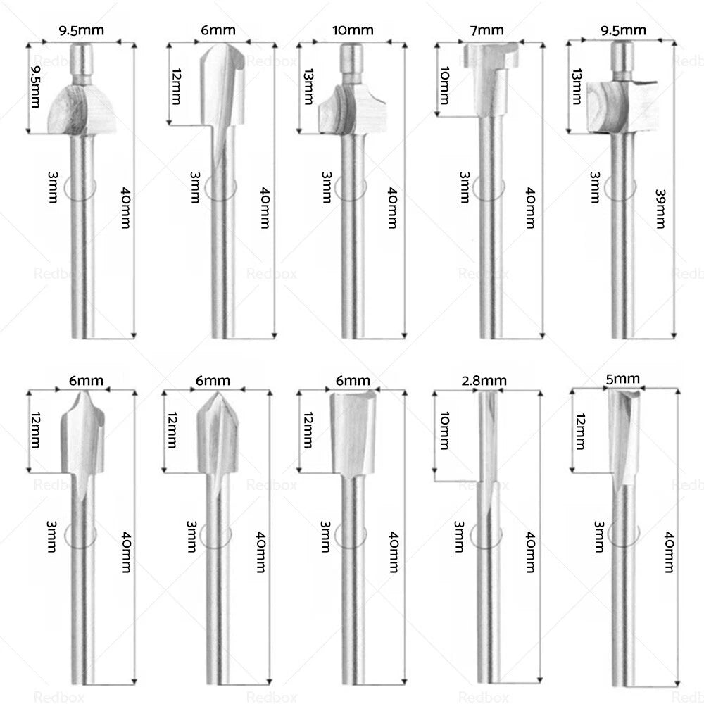 Set of 10 3mm Titanium Mini HSS Router Bits for Electric Tools