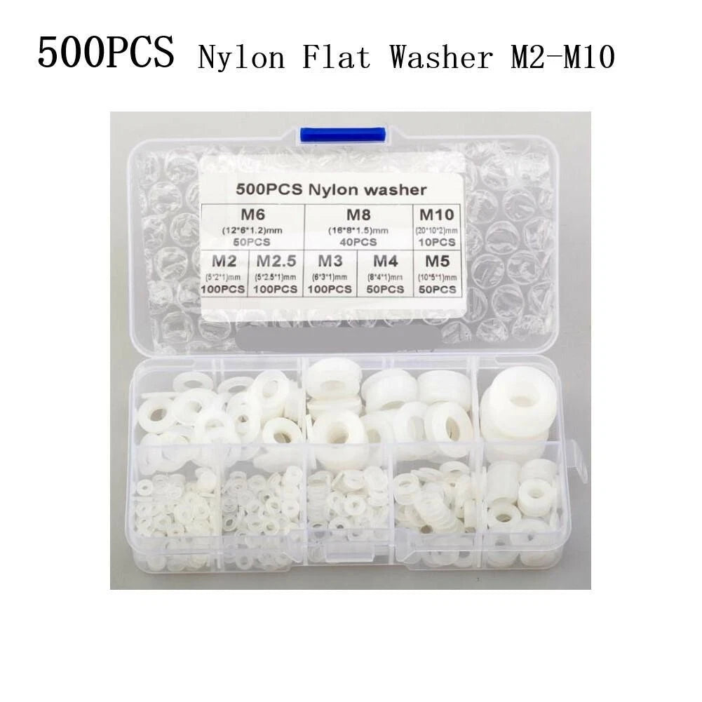 Set of 500 Nylon Flat Washers for Various Applications (M2-M10)