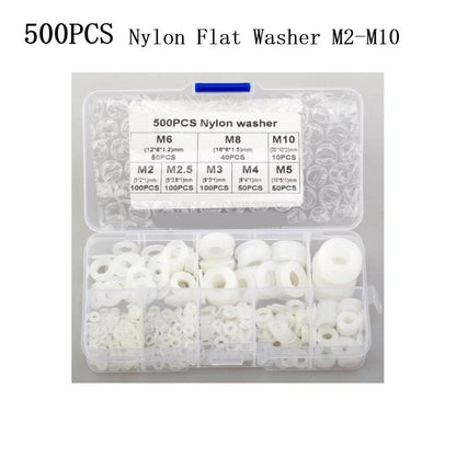 Set of 500 Nylon Flat Washers for Various Applications (M2-M10)