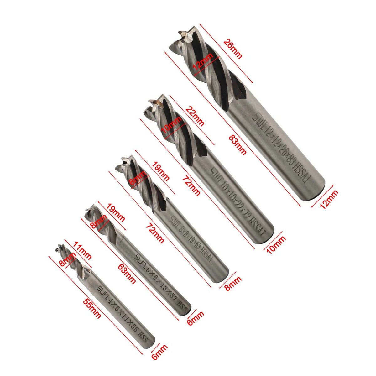 5 Pcs Set of End Mill Cutters for Milling Machines (No Specific Models)
