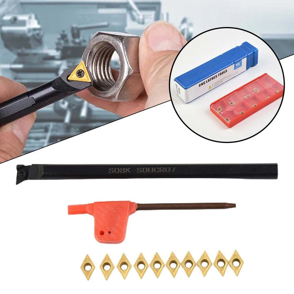 Set of 12 Lathe Carbide Inserts & 8x125mm Tool Holder Boring Bar