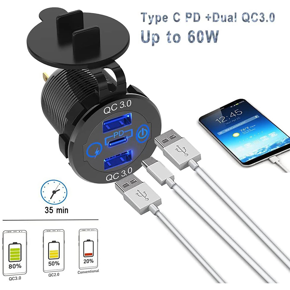 Triple USB Car Charger Adapter for Universal Vehicles (60W, Dual QC3.0 & PD)