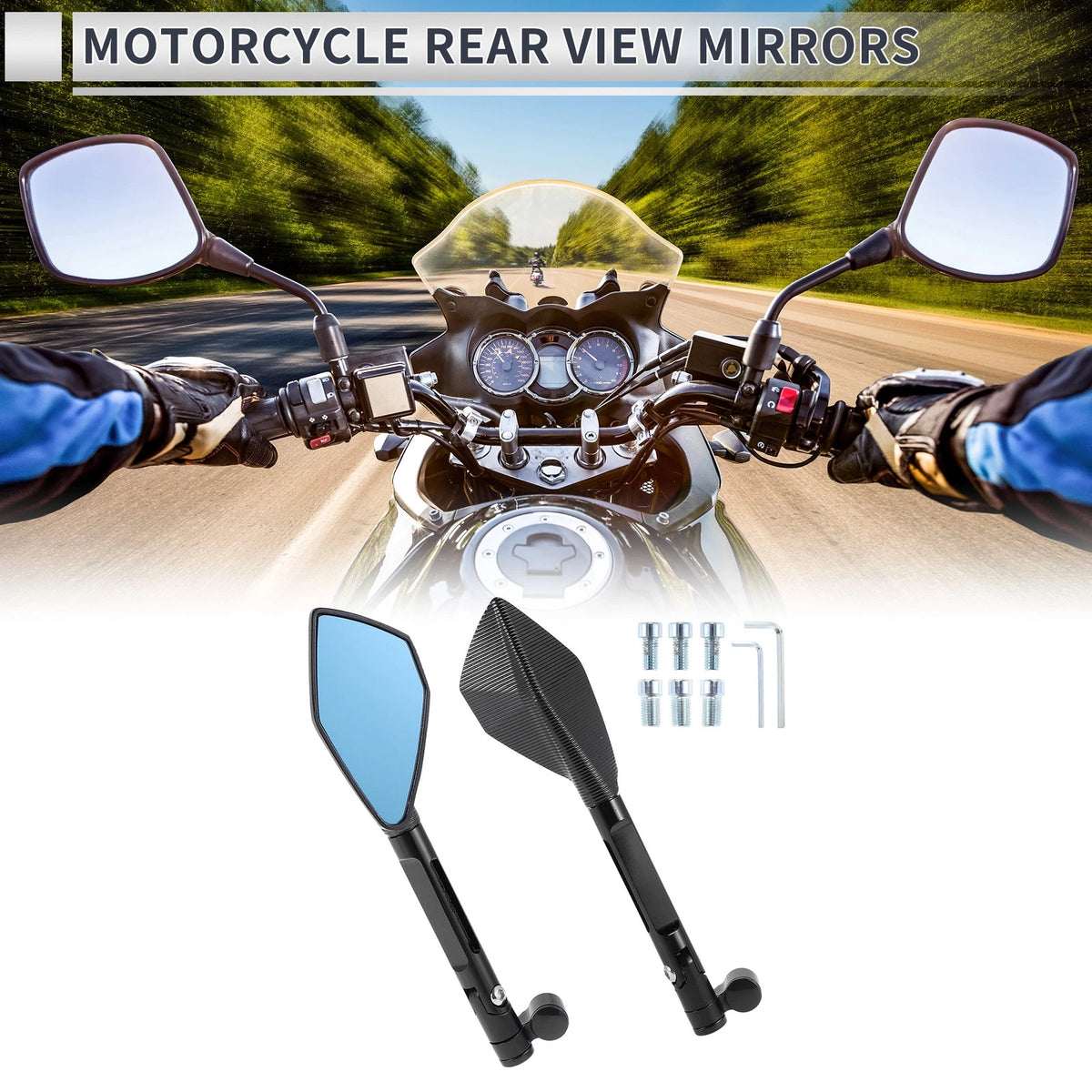 Set of 1 Rear View Mirror for Motorcycle (M8/M10) - Black Blue Aluminum