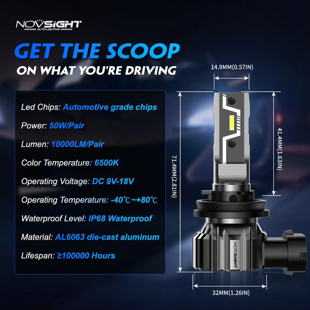 H11 LED Headlight Bulbs for Novsight (6500LM, Low Beam)