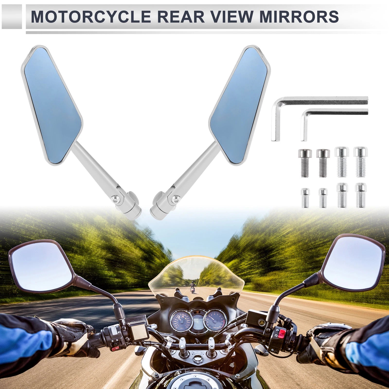 M8/M10 Motorcycle Rear View Mirrors for (Prismatic, Silver)
