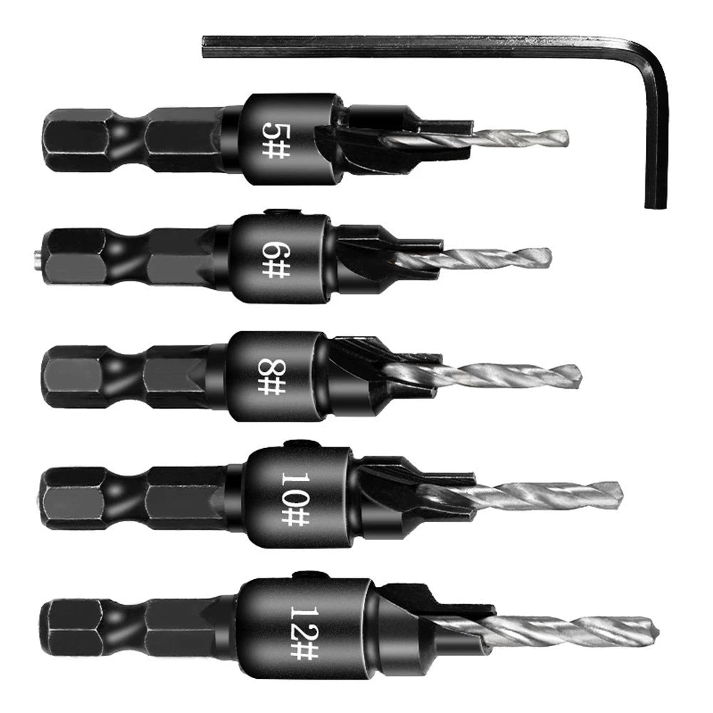Set of 5 Countersink Drill Bits for Screw Sizes 5-14#