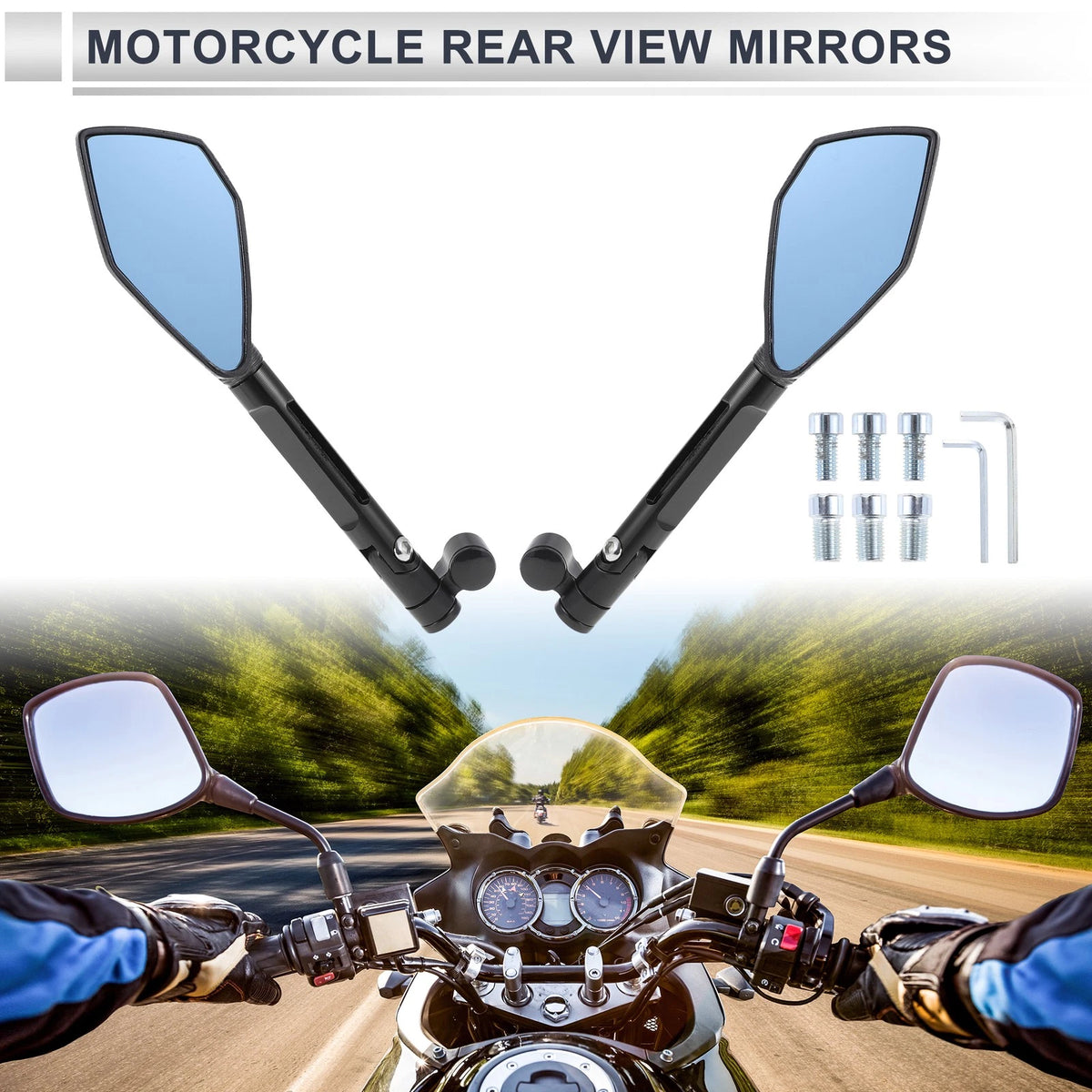 Set of 1 Rear View Mirror for Motorcycle (M8/M10) - Black Blue Aluminum