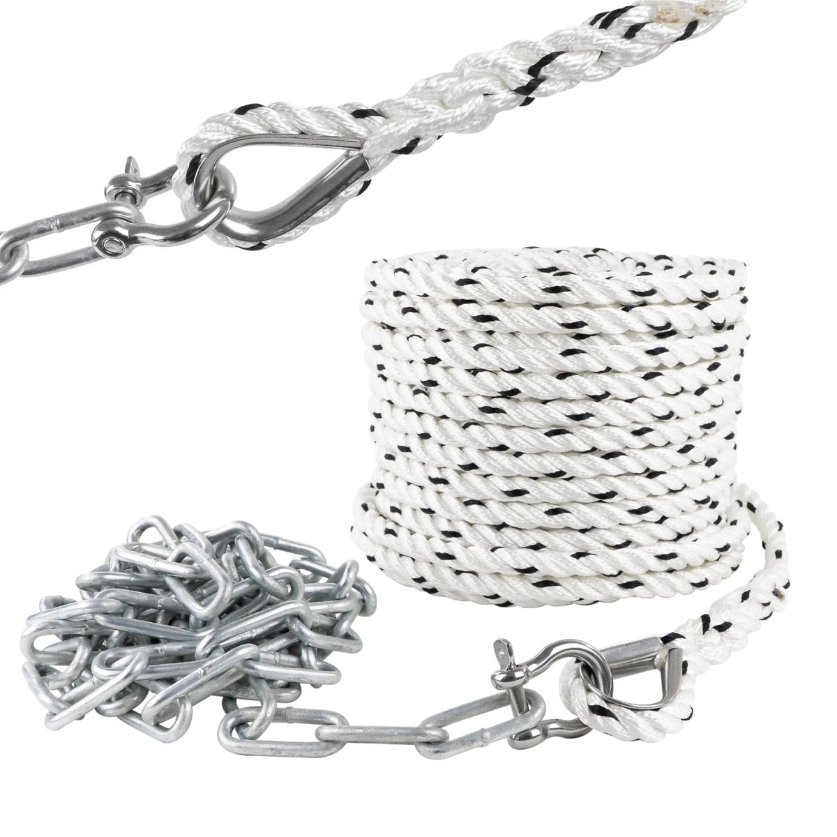 3-Strand Nylon Rope 1/2"x100' with Galvanized Steel Chain 1/4"x10'