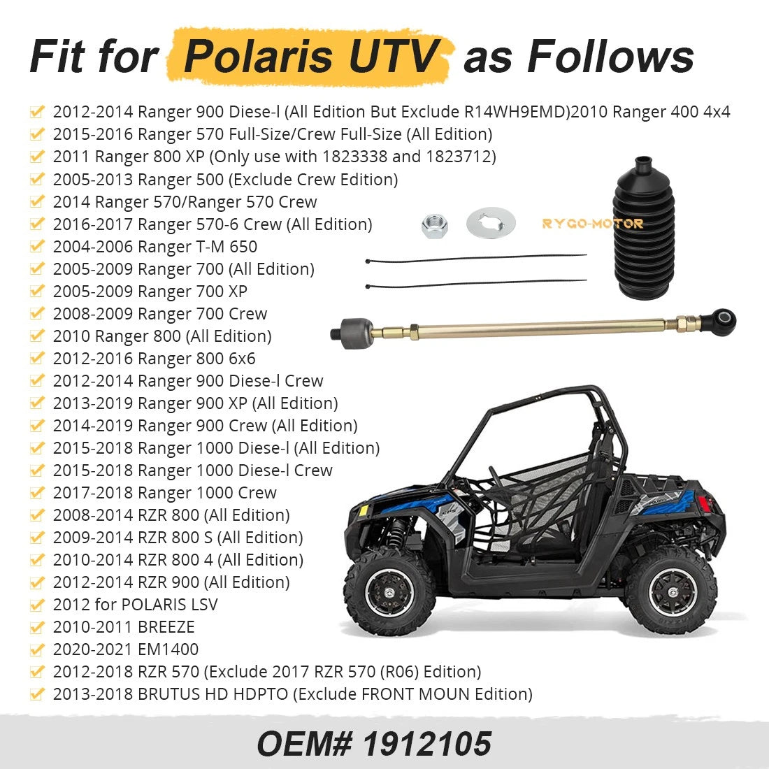 Steering Rack Tie Rod Kit for Polaris Ranger 400 500 570 700 800 900 1000 (2015–2023)