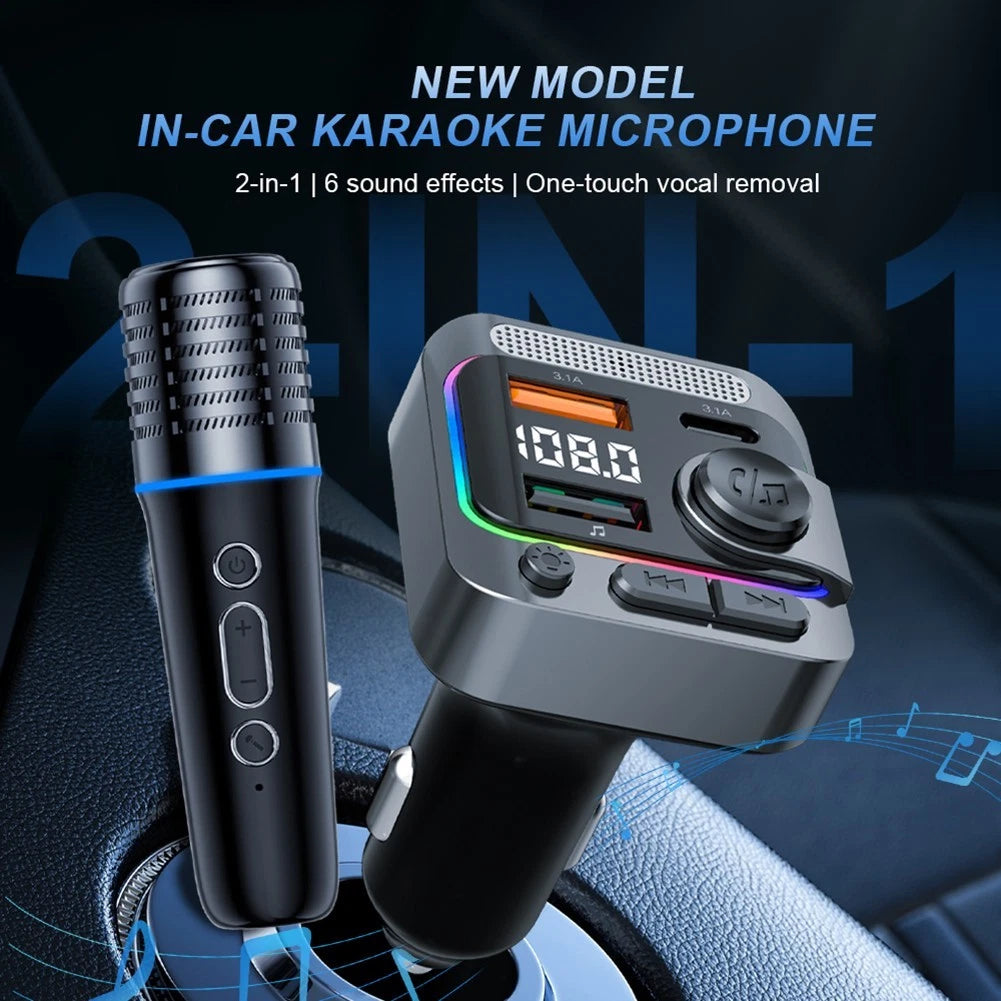 Bluetooth Karaoke Microphone MP3 Player FM Transmitter Charger for Universal (12V-24V)