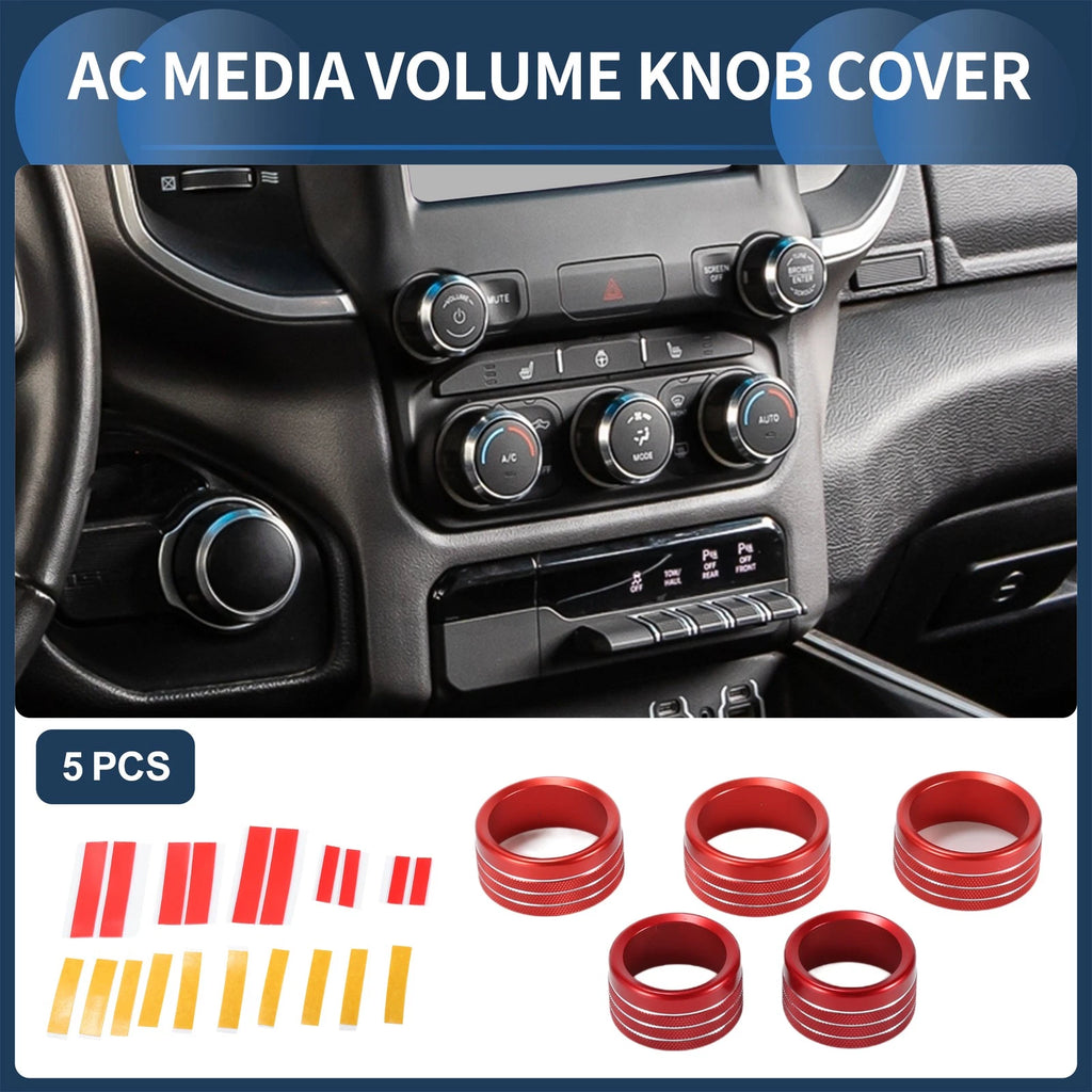 AC Media Volume Switch Knob Cover Ring for Dodge Ram (2018–2022) Red 5 Pack