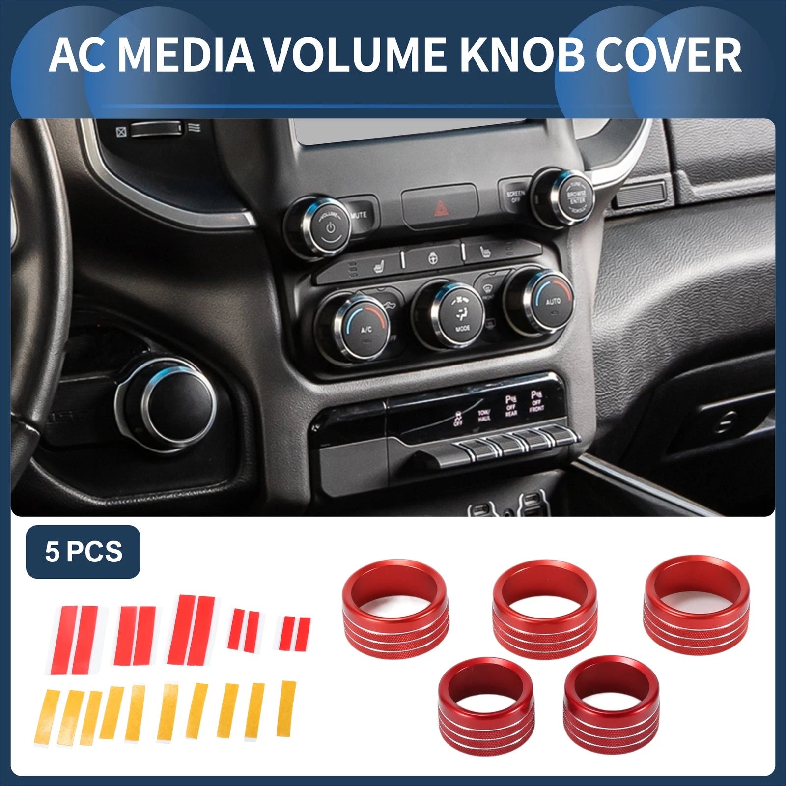 AC Media Volume Switch Knob Cover Ring for Dodge Ram (2018–2022) Red 5 Pack