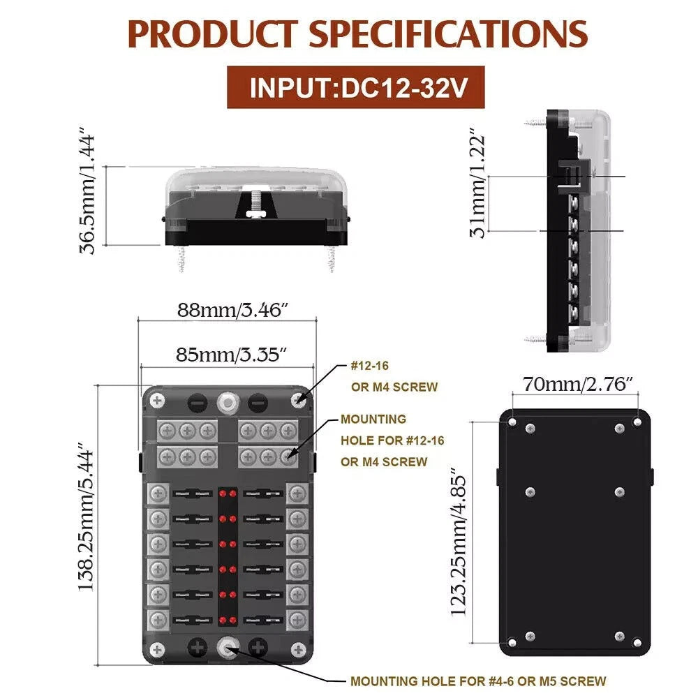 12-Way Blade Fuse Box Holder with LED Indicator for Car Boat (12V 32V)