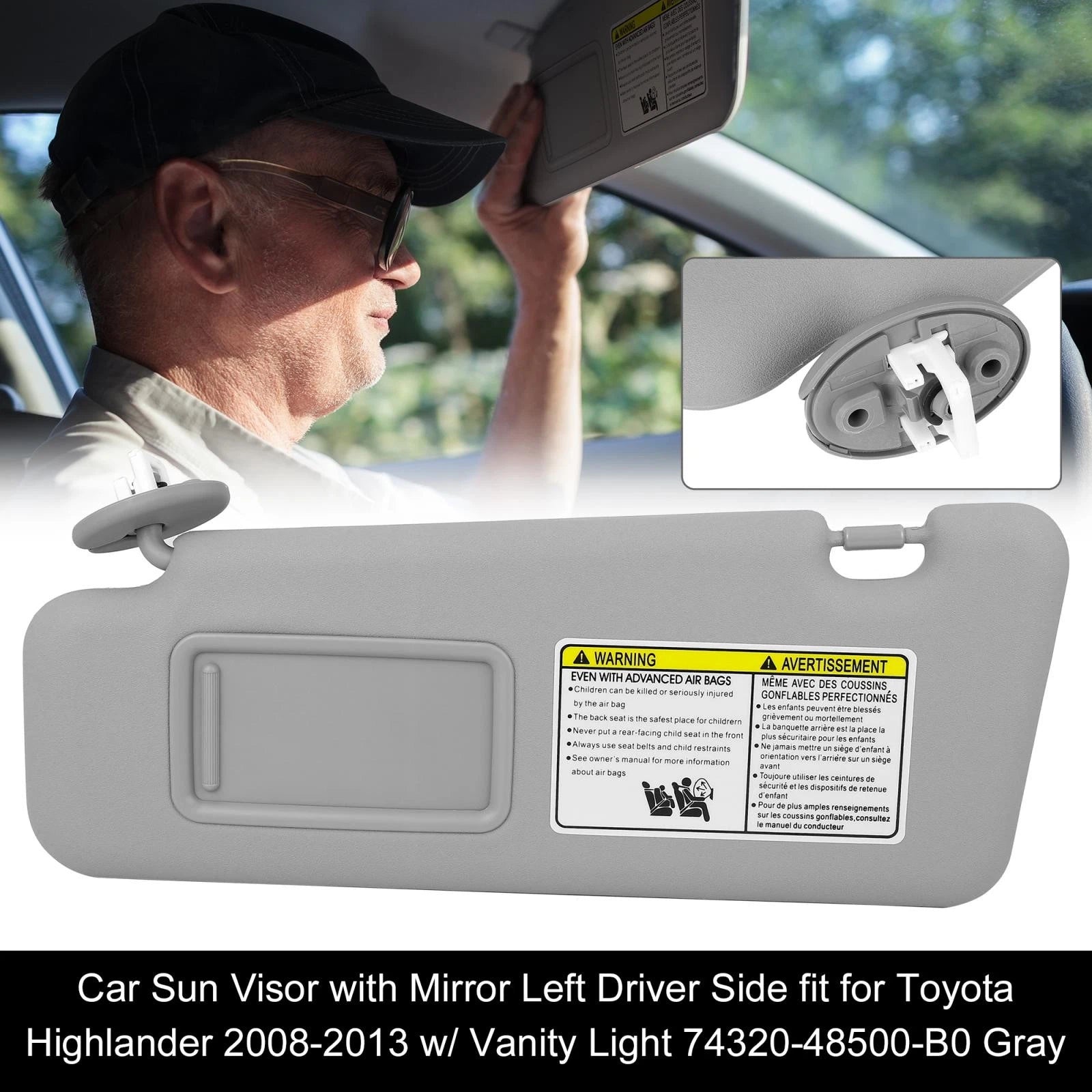 Car Sun Visor Left Side with Light for Toyota Highlander (2008–2013) Gray