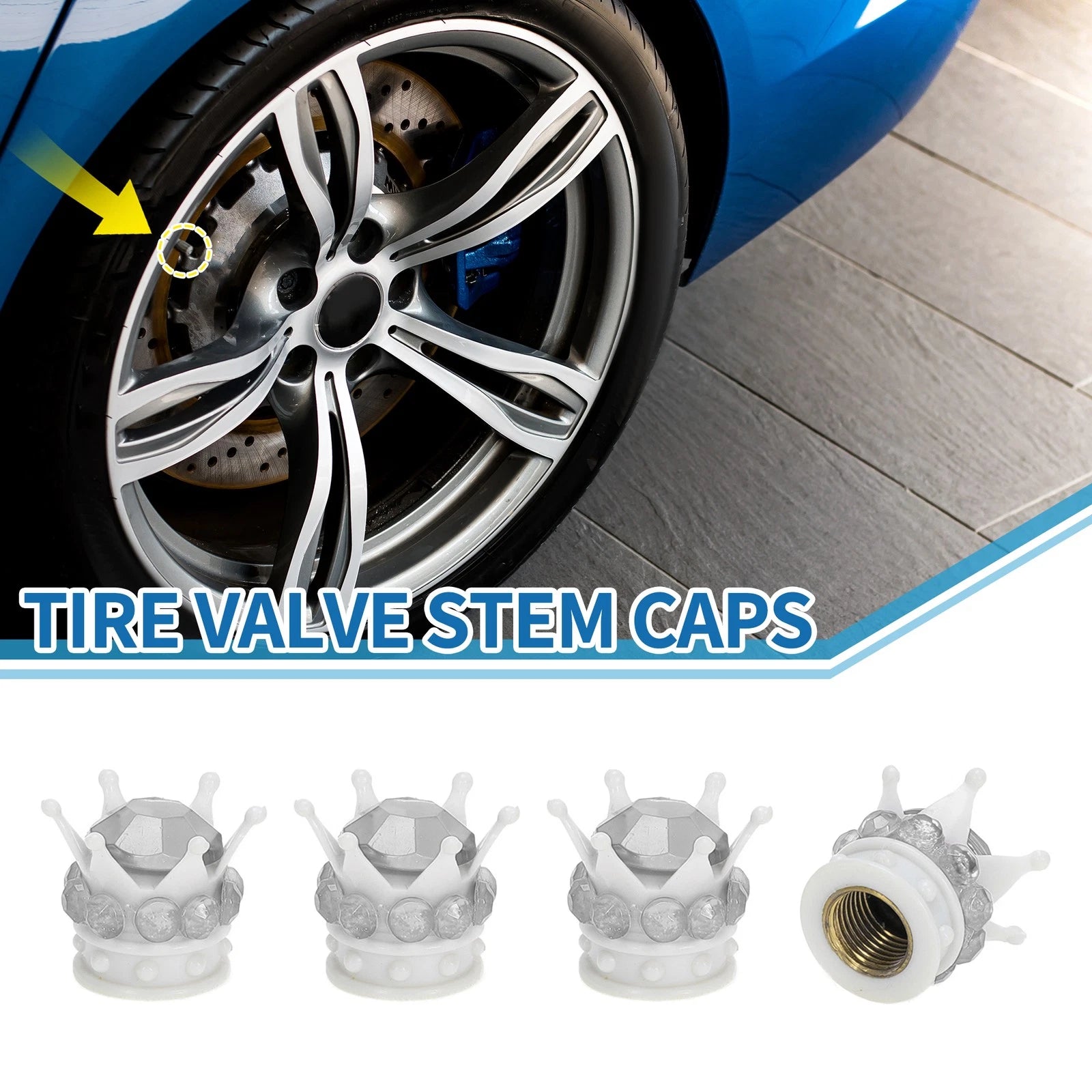 Valve Stem Caps White Silver Tone Replacement for Car Bike RV 4 Pack (Qty 4)