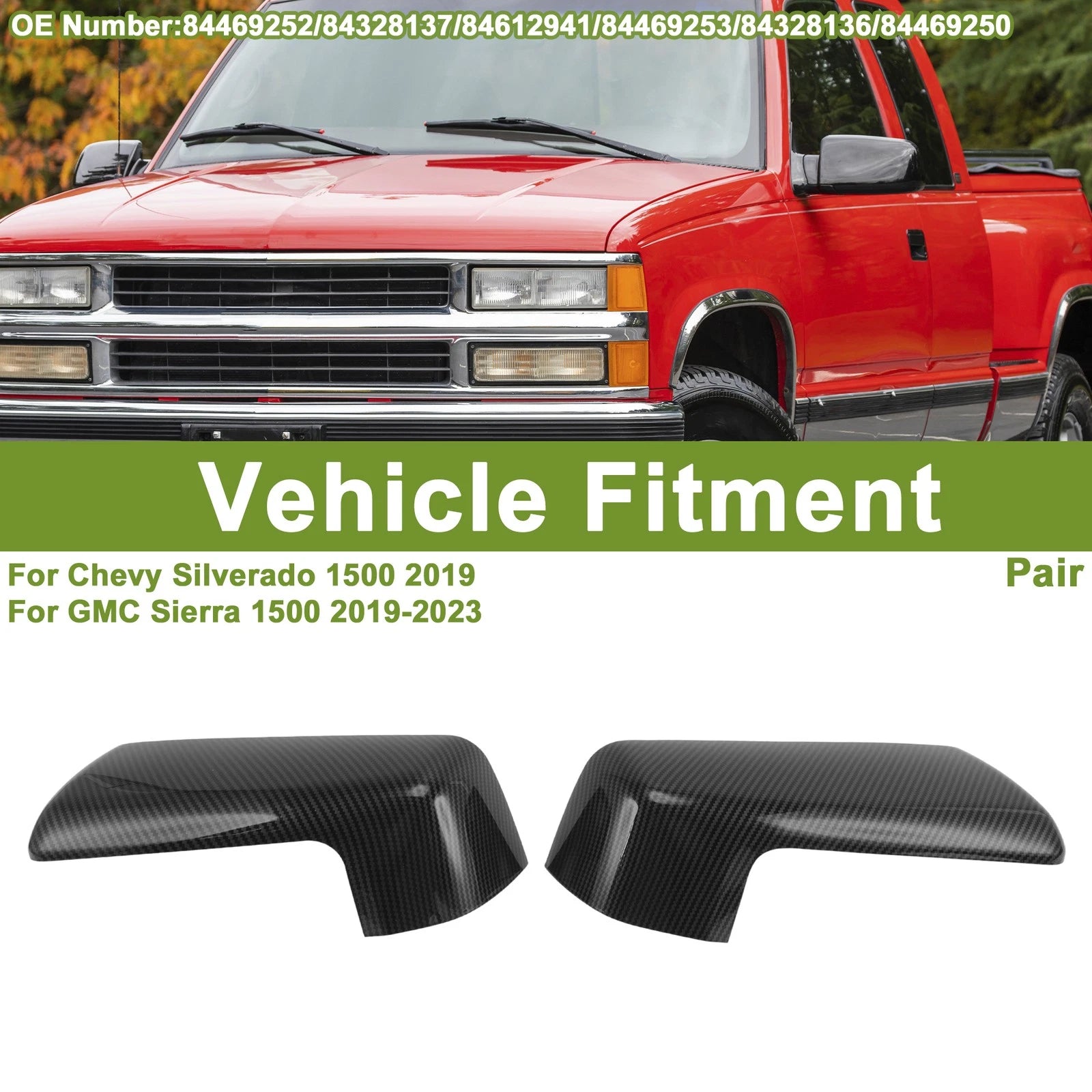 ABS Mirror Cover Cap Carbon Grain Pair for Chevy Silverado 1500 (2019–2019)