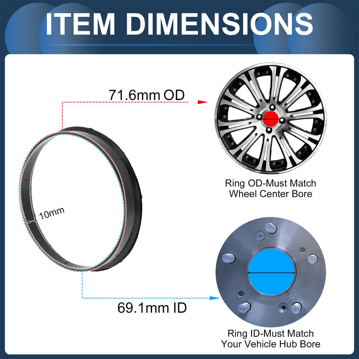4X Wheel Hub Centric Rings for Car (71.6mm to 69.1mm) Black Polycarbonate