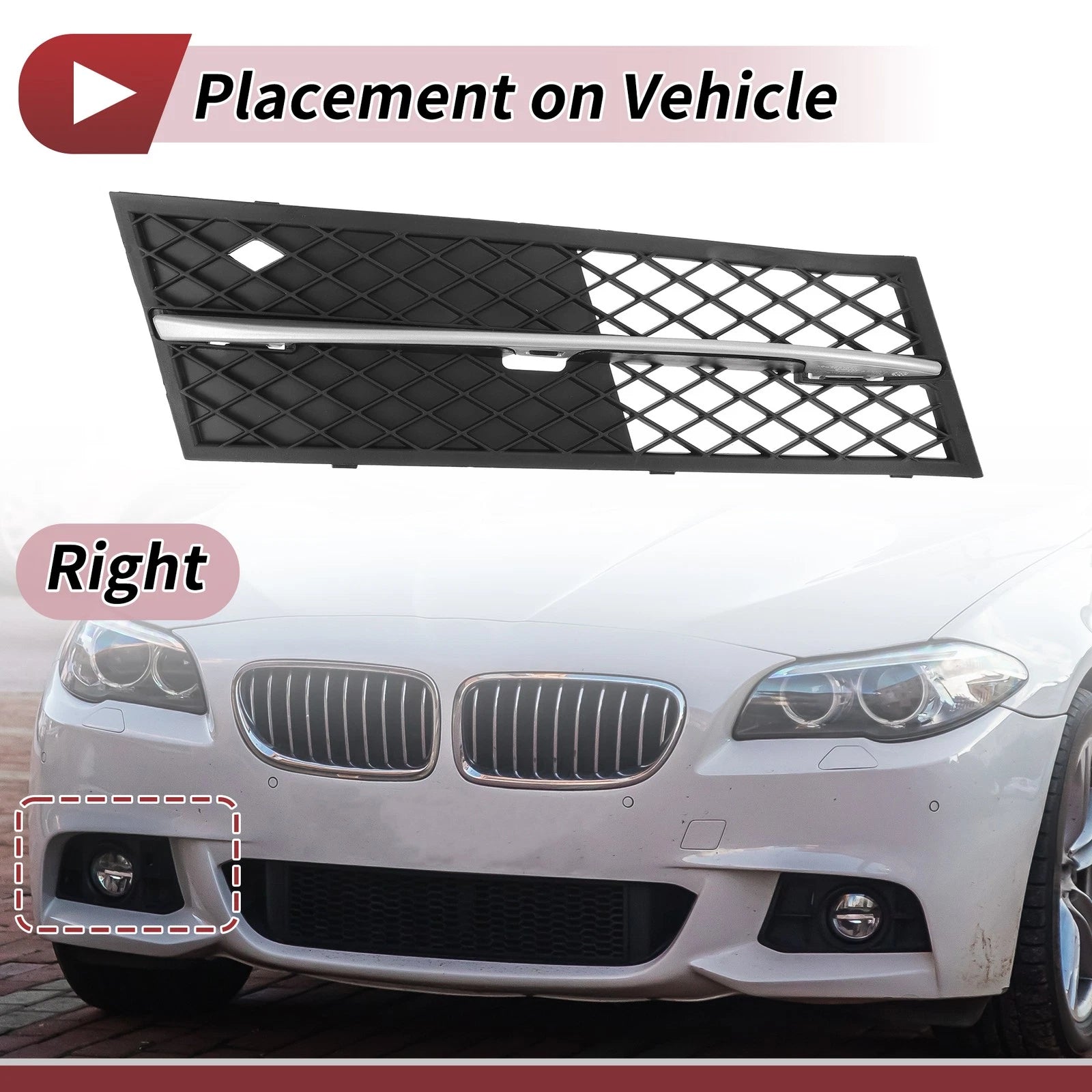 Front Right Fog Light Grill Replacement for BMW 528i (2011–2013) Black