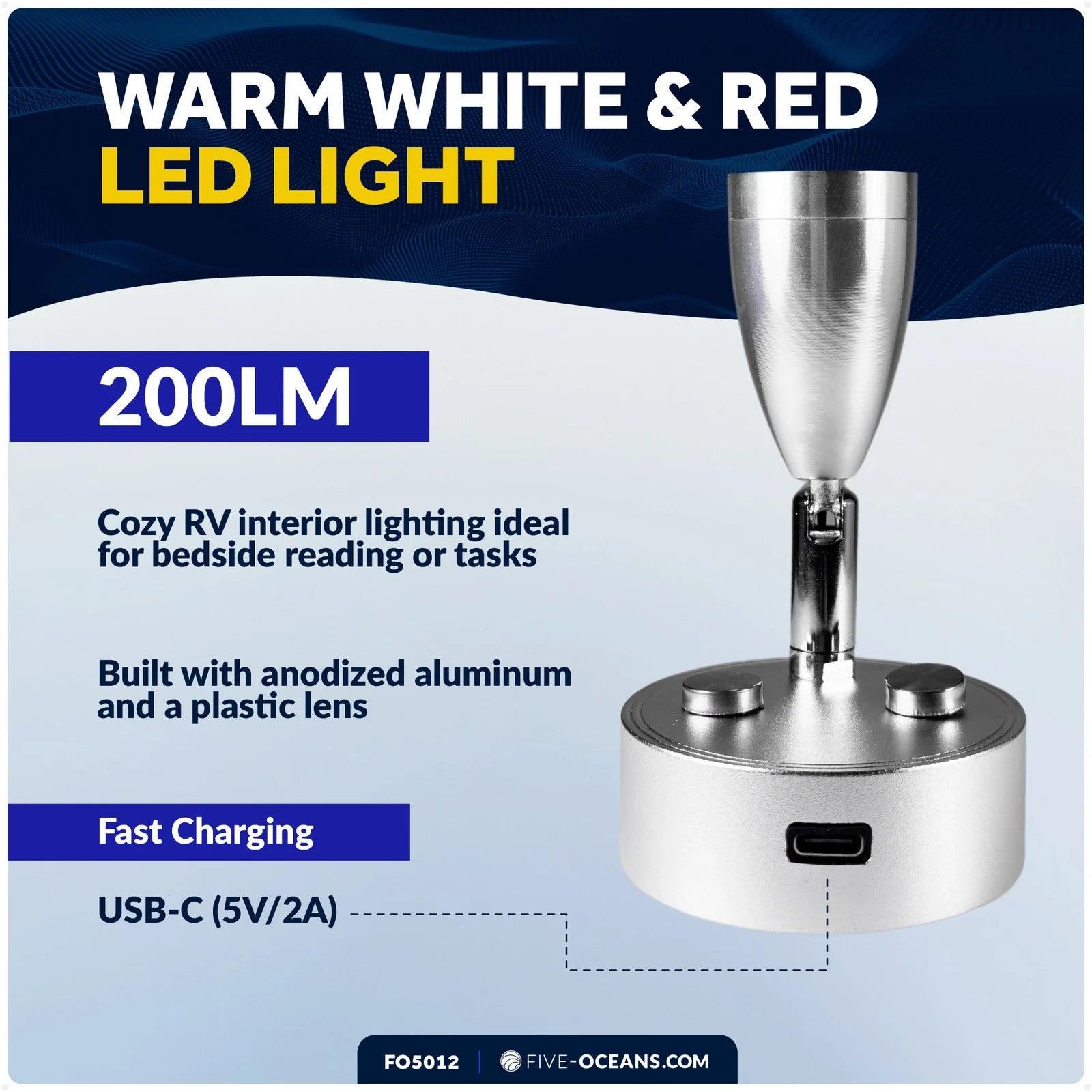 RV LED Reading Light with Touch Dimmer & USB-C Port (12V, Silver)