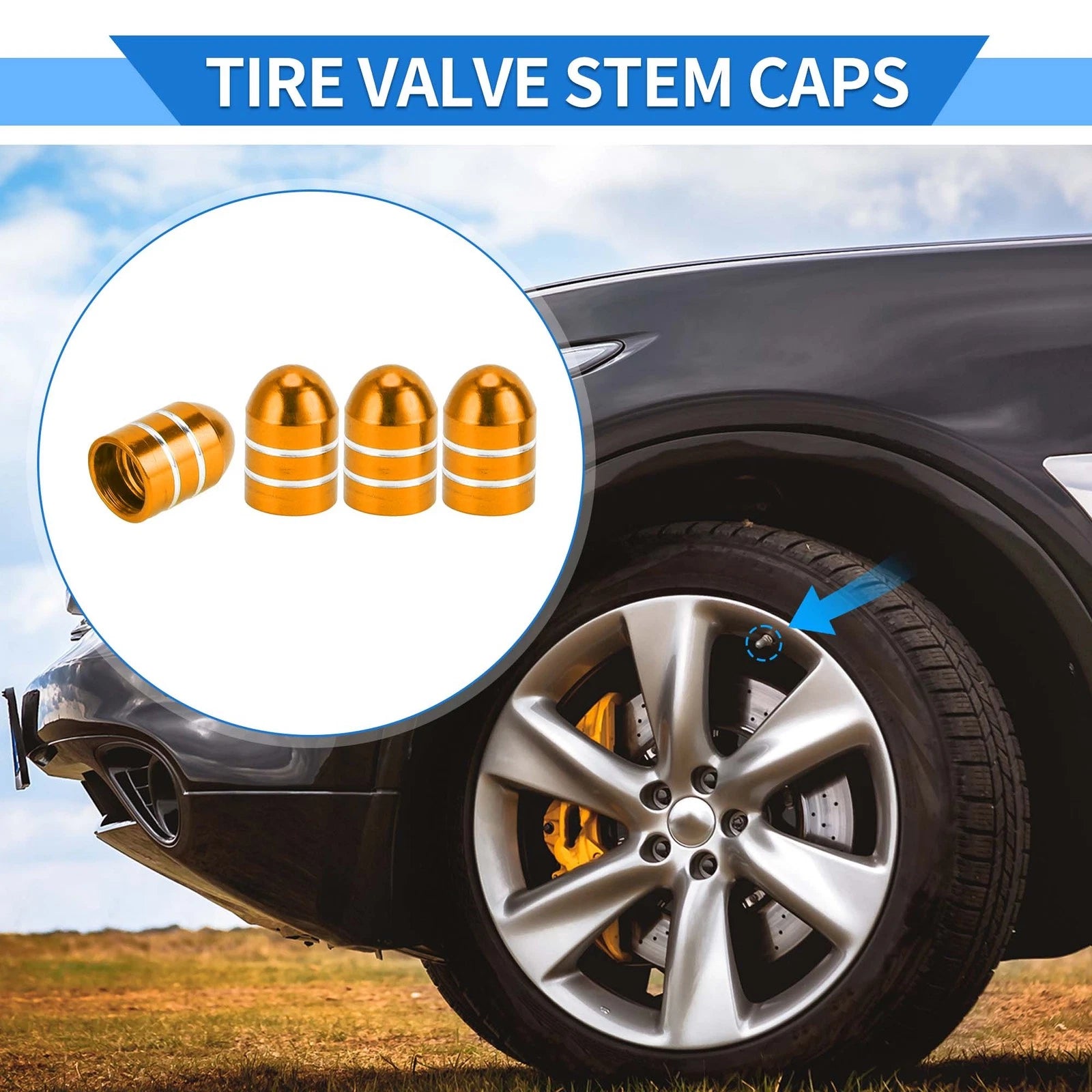 Tire Valve Stem Caps Replacement for SUV Bike RV 4 Pcs (Gold Tone)