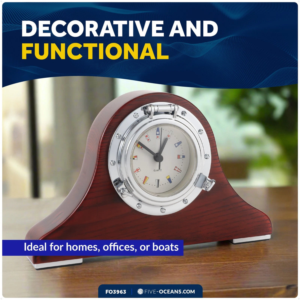 Porthole Collection Nautical Tambour Clock for Desk (Mahogany Finish)